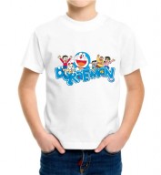Kids-Doraemon White Round Neck Dri Fit T-shirt